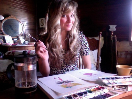 Jennifer painting Daisy Daffodil and enjoying French Press coffee (in The Shed)